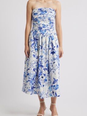 Chelsea 28 Strapless Blue & White Floral Midi Dress